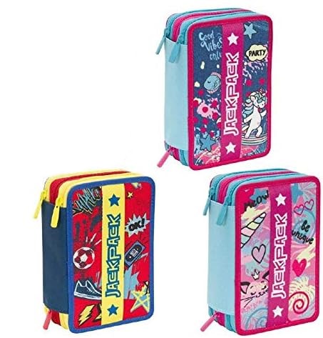 ASTUCCIO 3 ZIP JACKPACK SEVEN - CONTIENE 1 PENNA CANCELLINA BLU TRATTO CANCELLIK, 1 PENNA ROSSA TRATTO, 18 PENNARELLI E 18 PASTELLI GIOTTO, 1 MATITA LYRA, 1 COLLA STICK PRITT, 1 GOMMA, 1 TEMPERINO, 1 RIGHELLO, 1 PAIO DI FORBICI